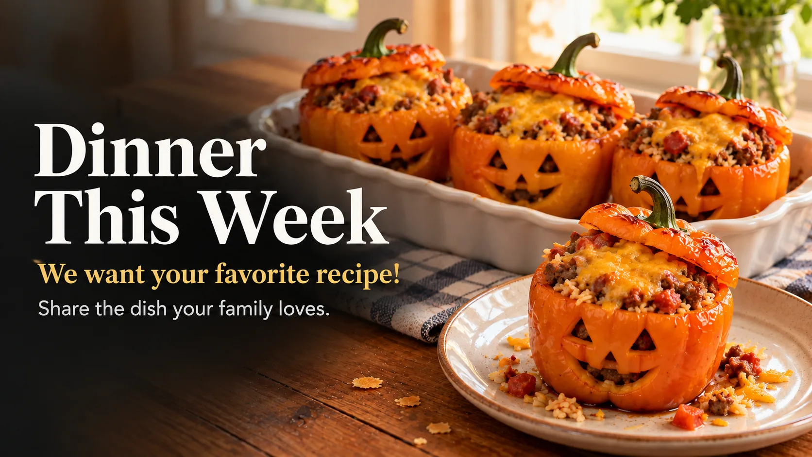 Orange bell peppers carved with jack-o’-lantern faces and filled with seasoned beef, rice and melted cheddar, in a baking dish.